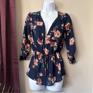 #734 J for Justify navy floral half zip blouse size small
